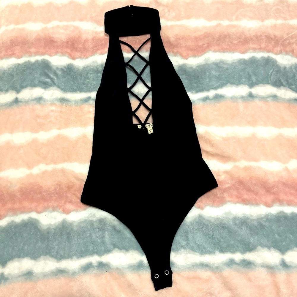 Black Halter Express Bodysuit with Crisscross front